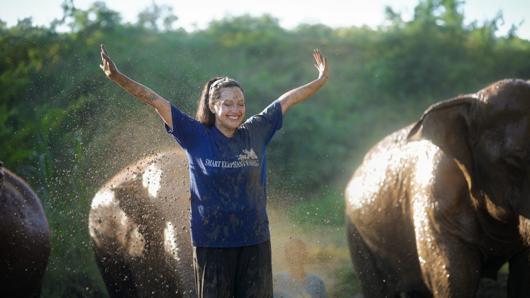 Person enjoying an Elephant mud bath at a elephant sanctuary visit.