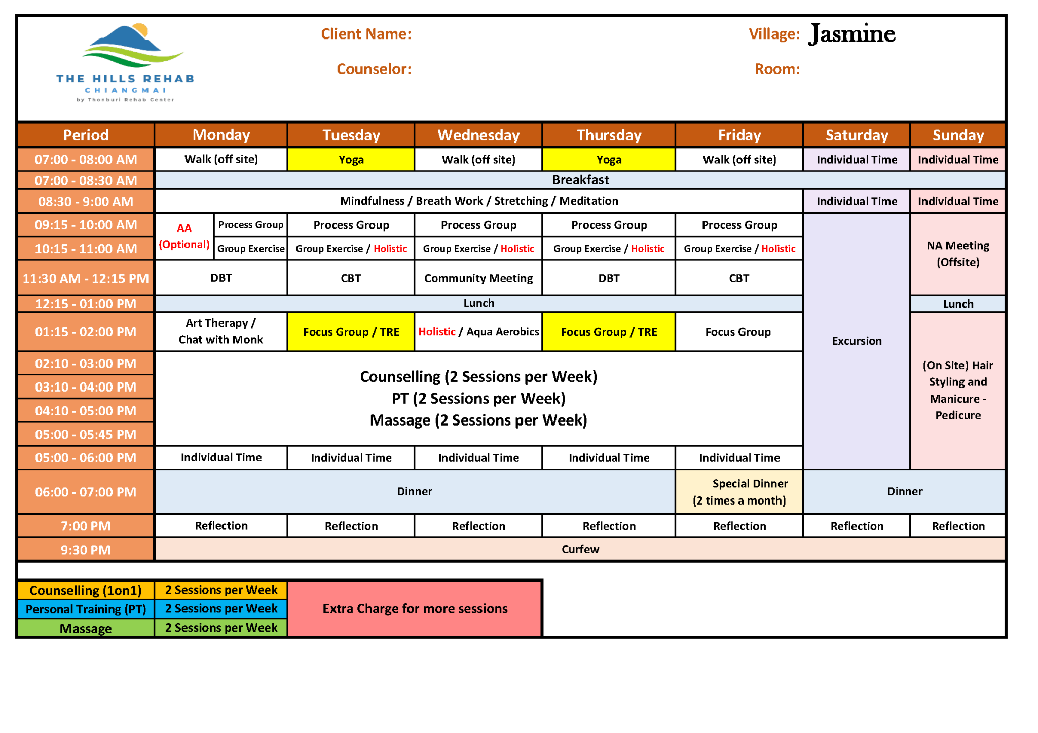 Addiction Programme Schedule Template