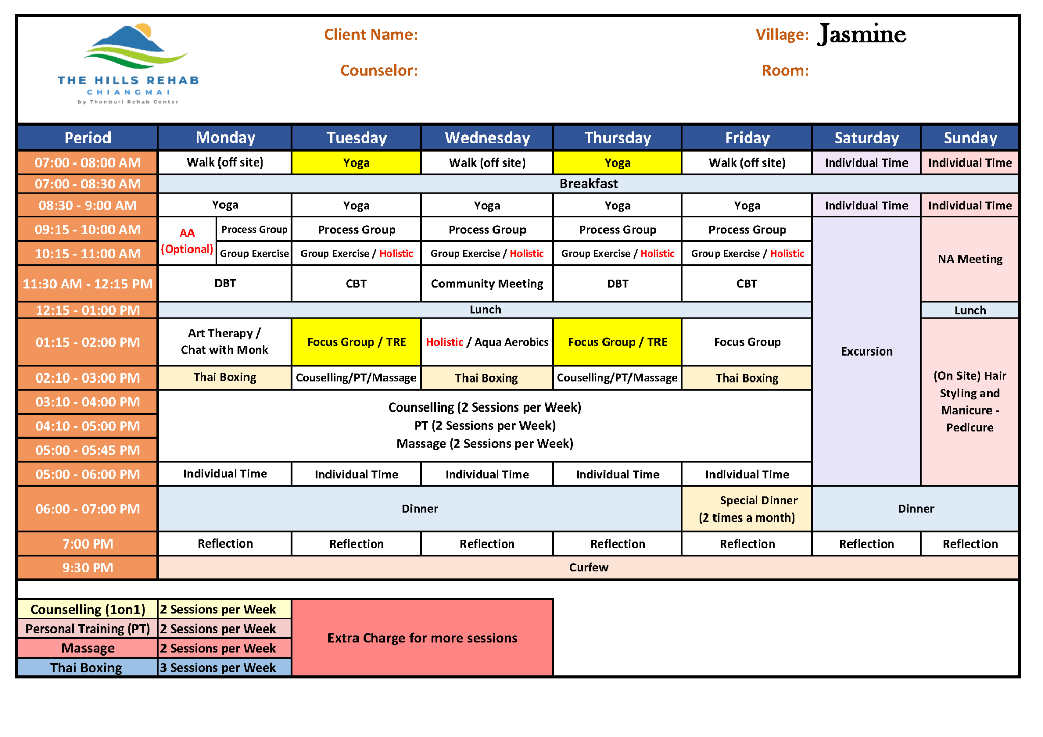 Youth Programme, Rehab Youth Schedule Template