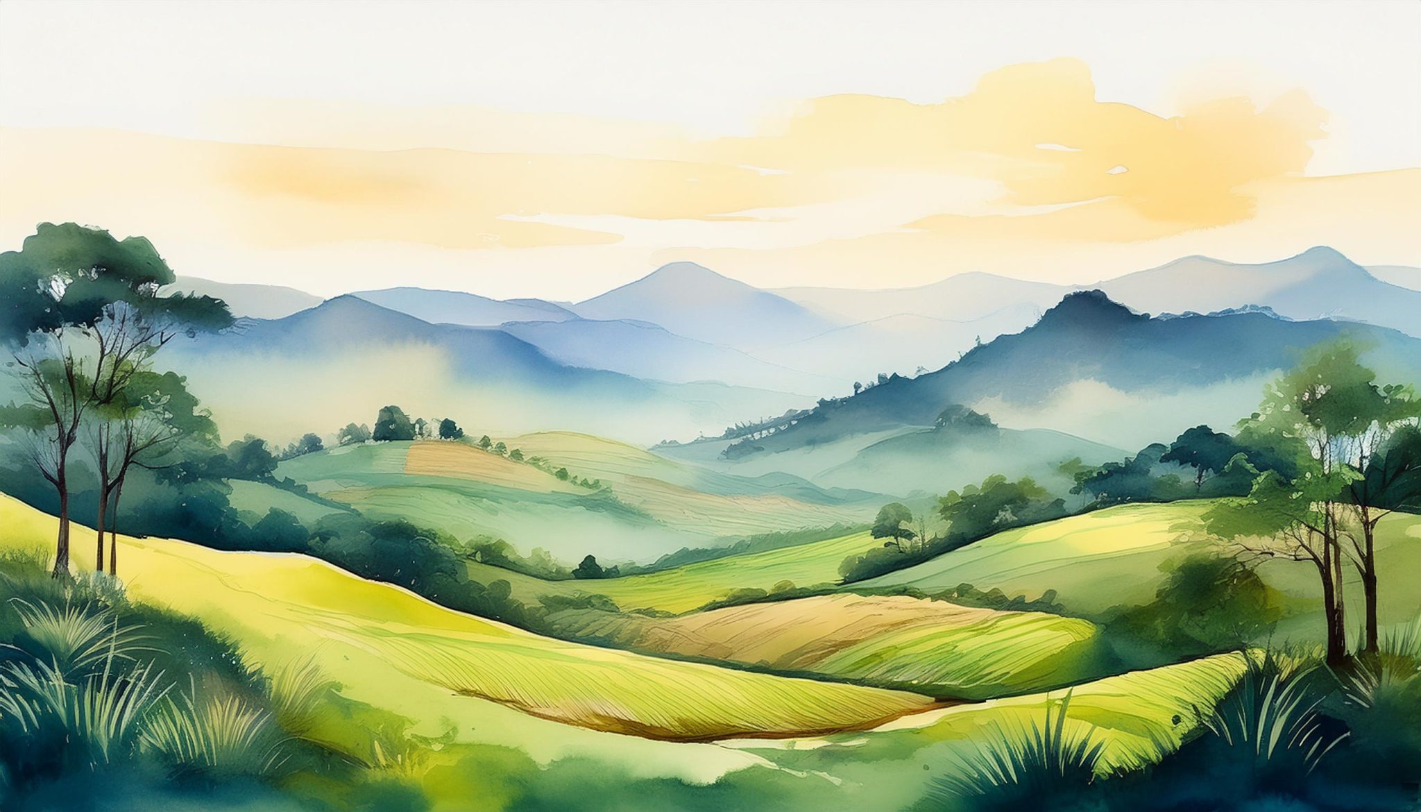 หิ่งห้อย ภาพวาดสีน้ำอันนุ่มนวลของทิวทัศน์อันเงียบสงบพร้อมด้วยเนินเขาและต้นไม้ที่ชวนให้นึกถึงความสงบ
