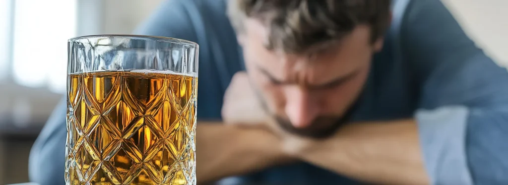 Man sitting in front of a glass of whiskey